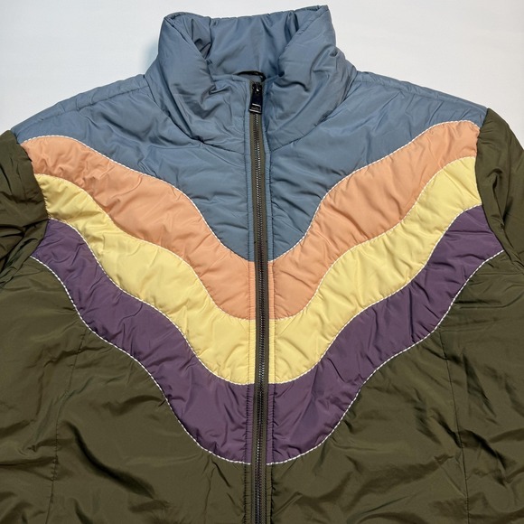 Cleo + Wolf Puffer Jacket Womens XL Green Quilted Retro Mountain Scene Back - Picture 3 of 7